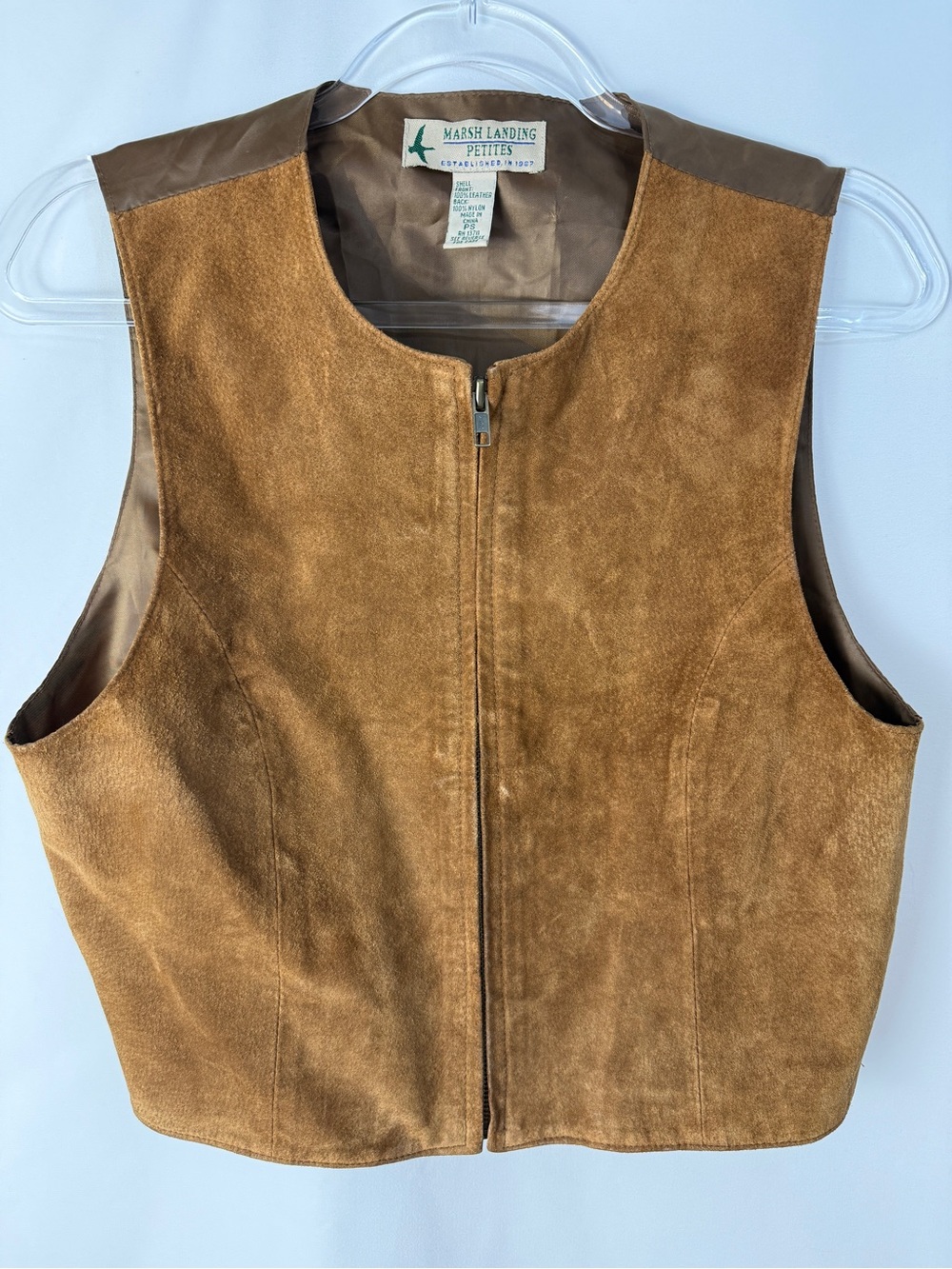 Vintage Marsh Landing Petite Women's Suede Zip Vest - Cognac Brown
